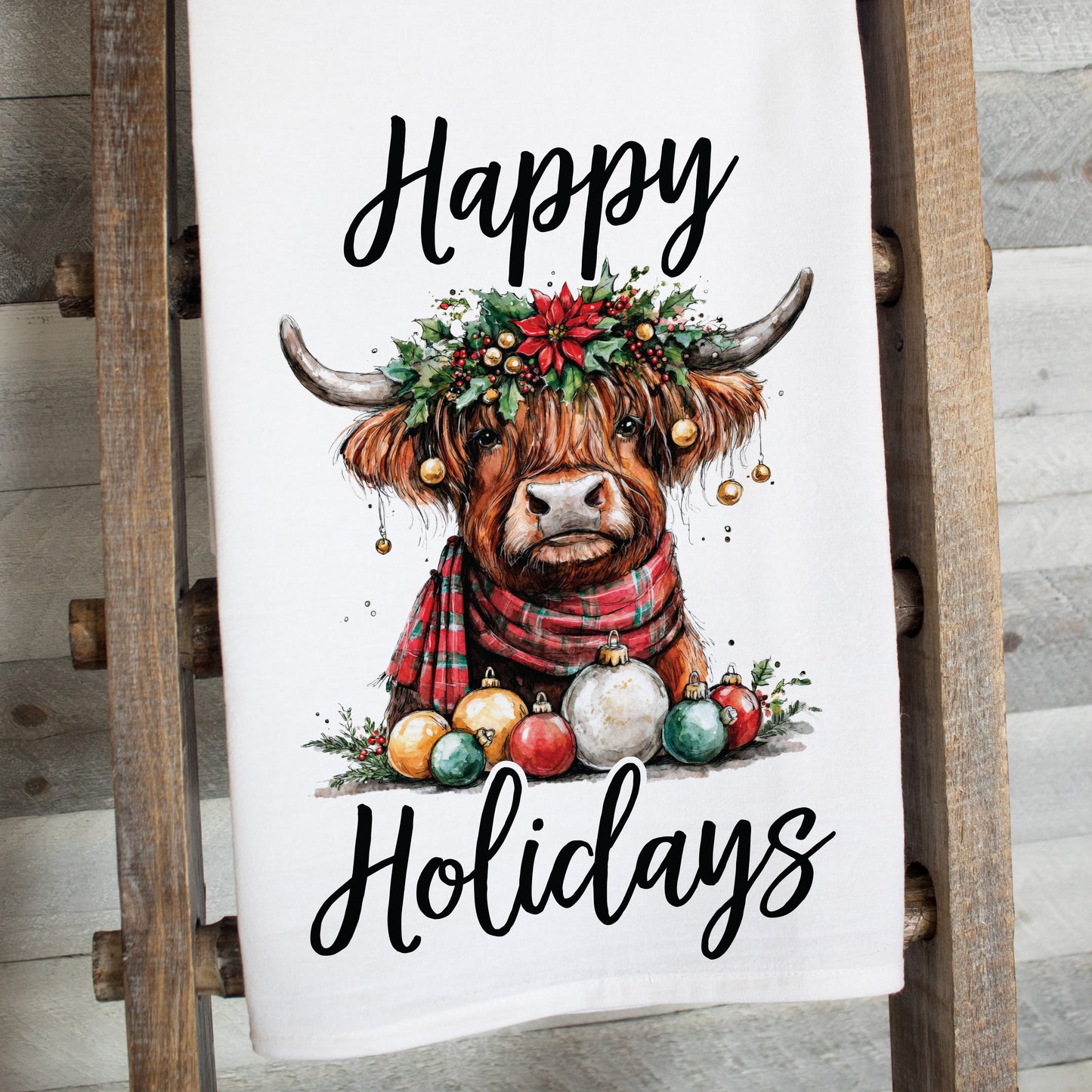 Happy Holidays Highland Cow Tea Towel