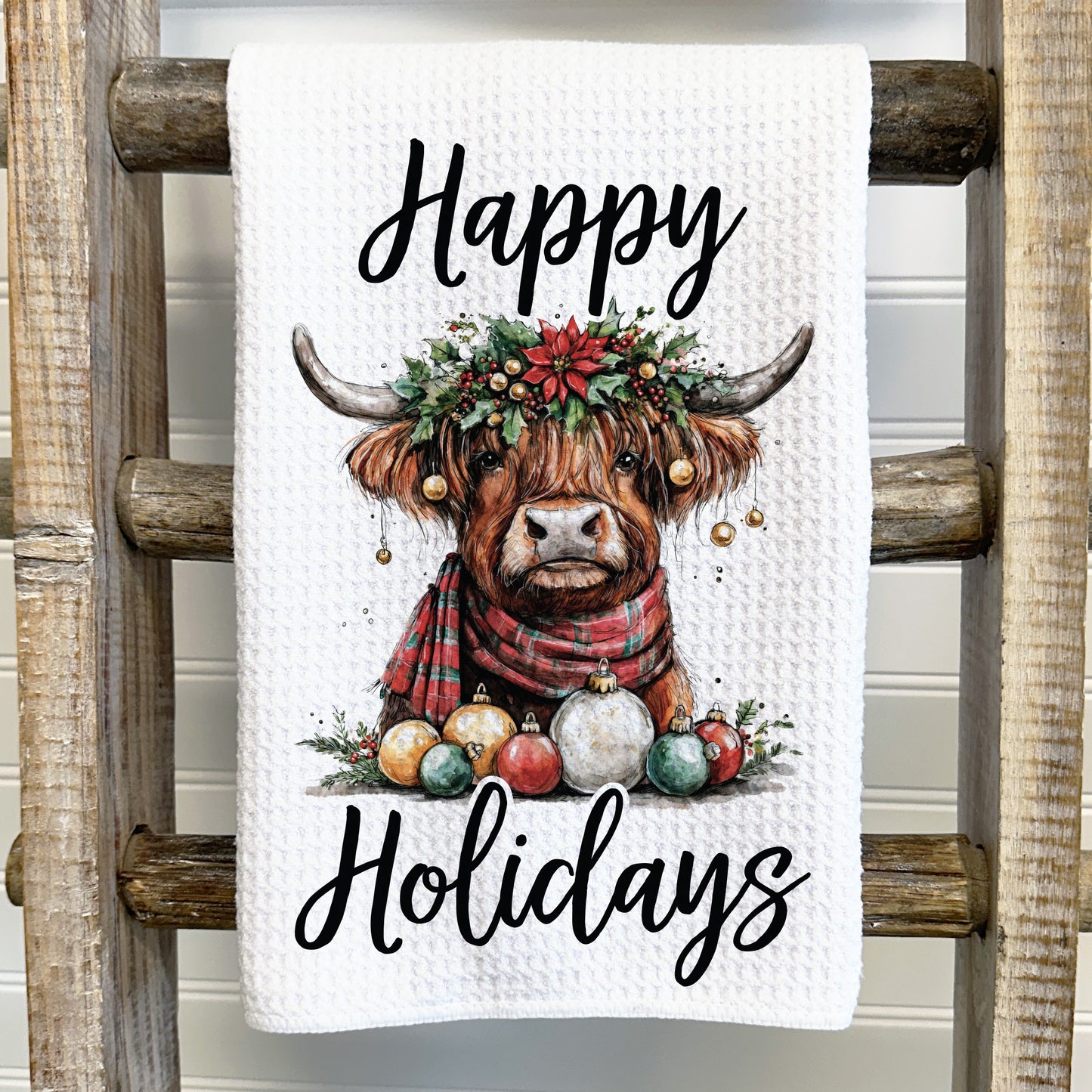 Happy Holidays Highland Cow Tea Towel