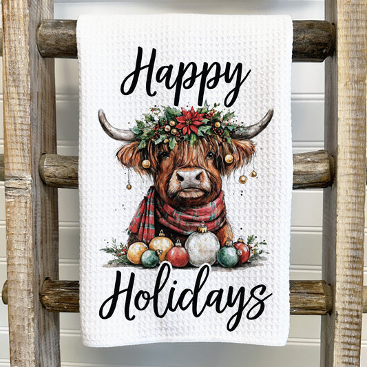Happy Holidays Highland Cow Tea Towel