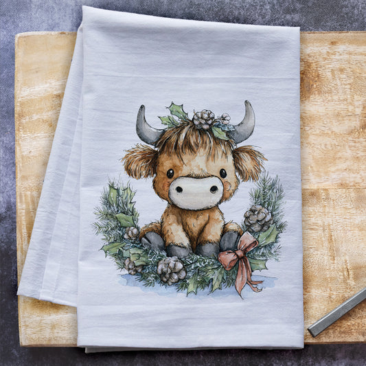 Cute Highland Cow Christmas Wreath Tea Towel