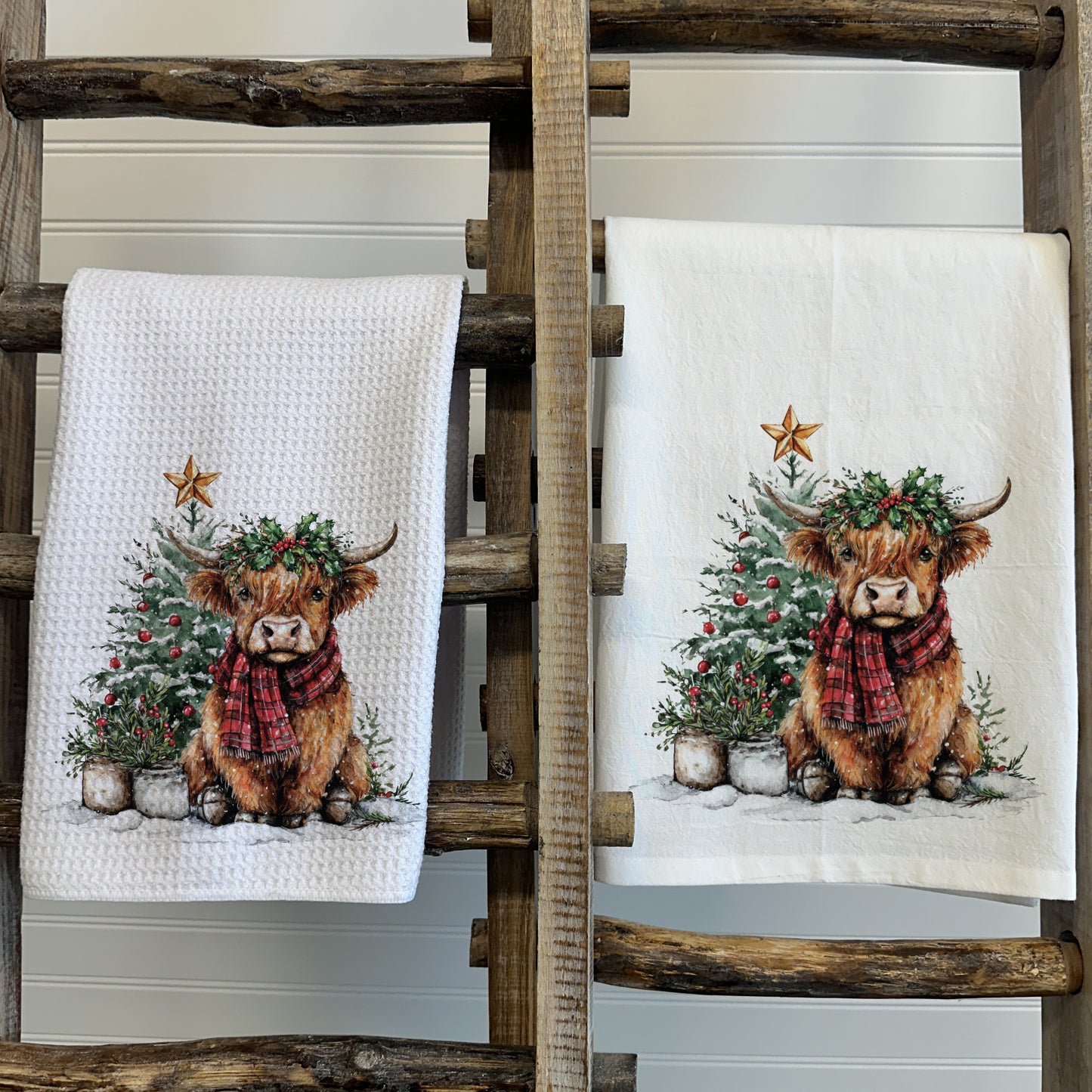 Highland Cow & Christmas Tree Tea Towel