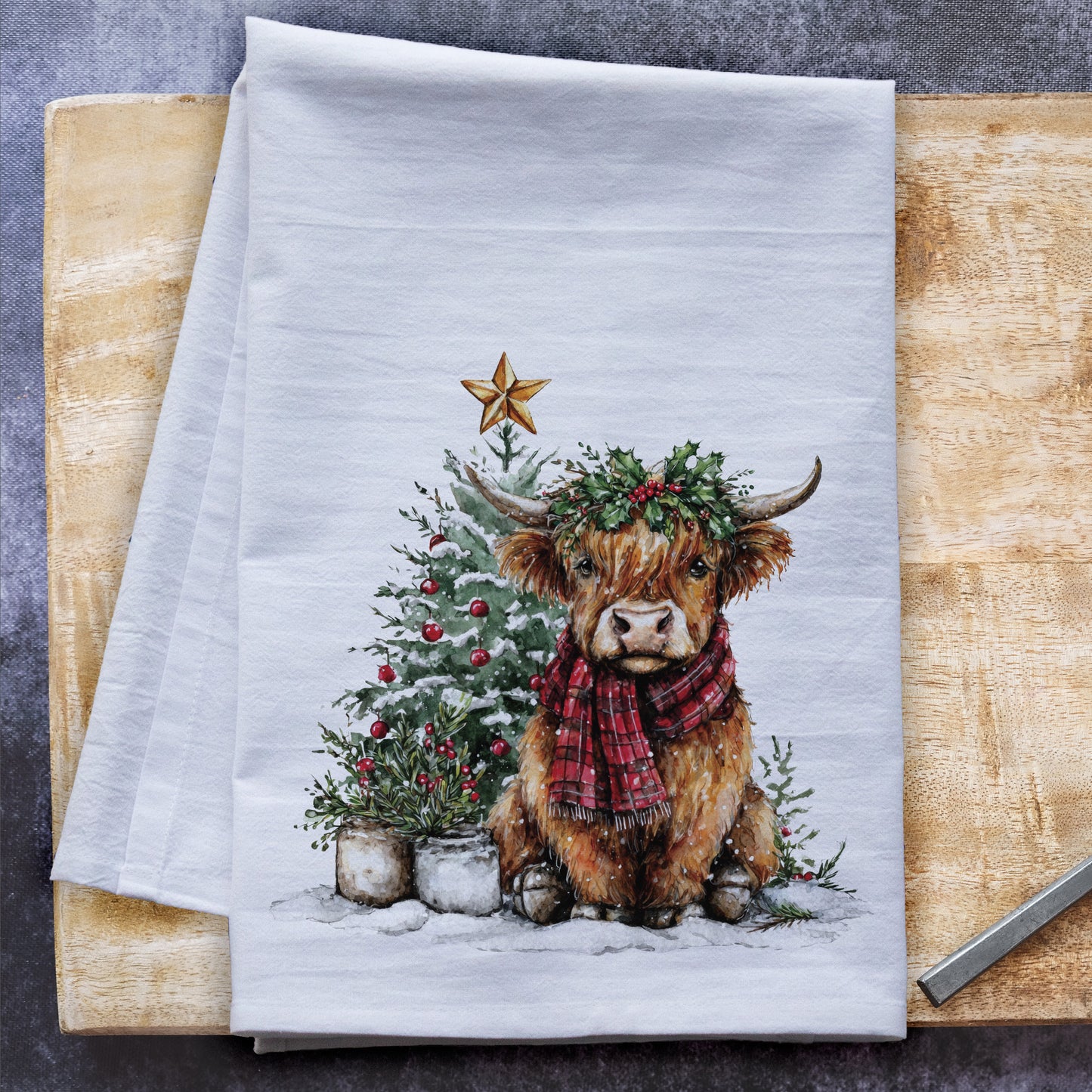 Highland Cow & Christmas Tree Tea Towel