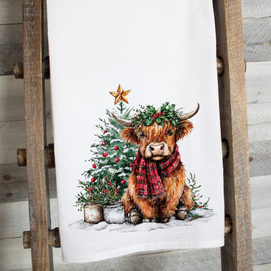 Highland Cow & Christmas Tree Tea Towel