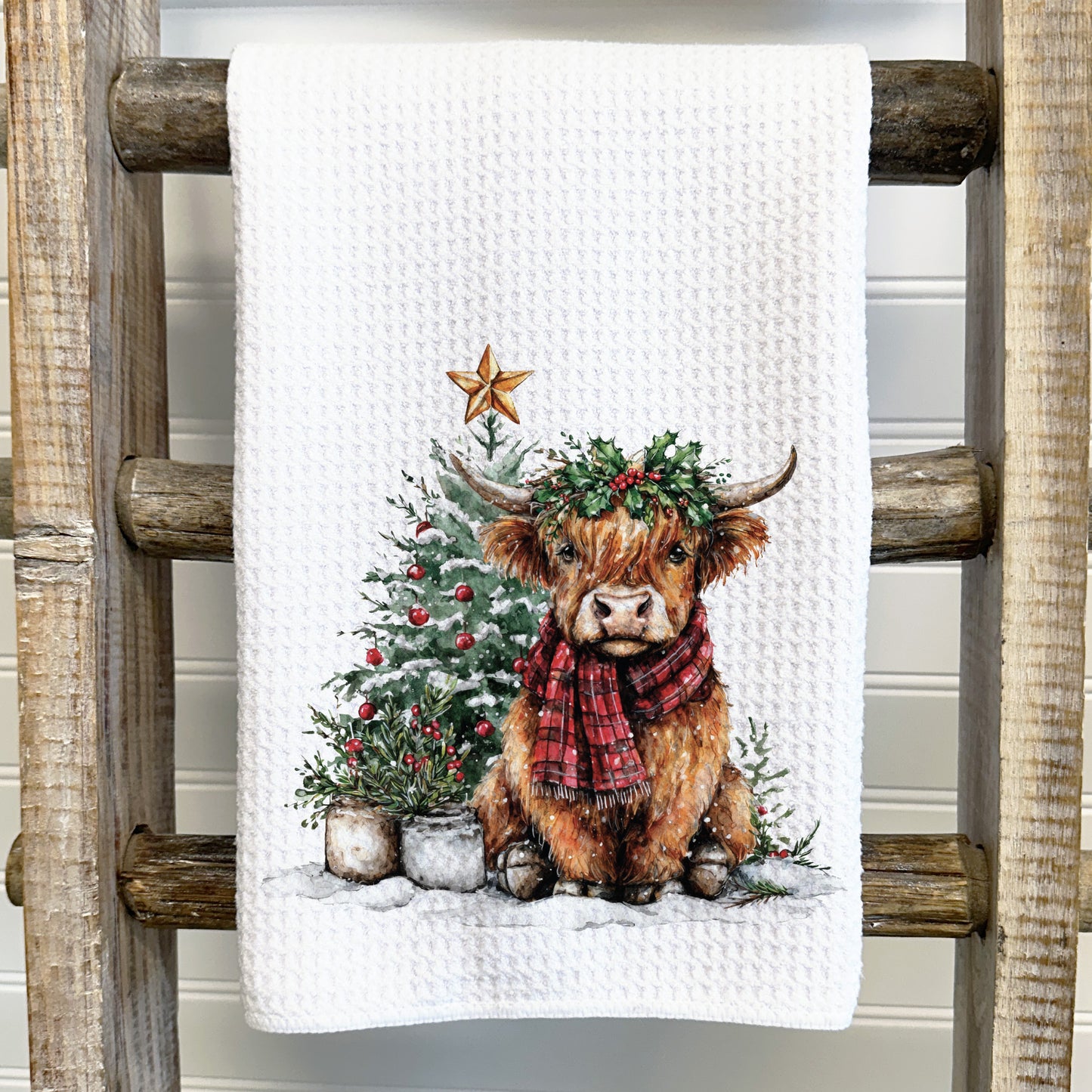 Highland Cow & Christmas Tree Tea Towel