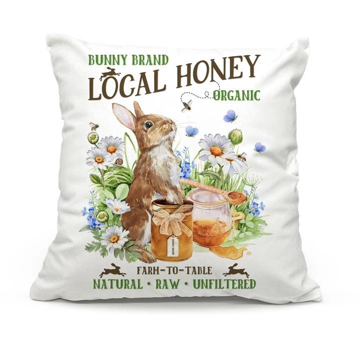 a pillow with a picture of a bunny holding a jar of honey