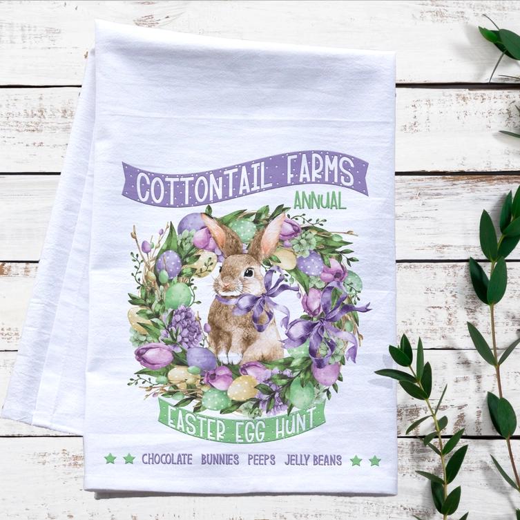 a tea towel with a picture of a bunny on it