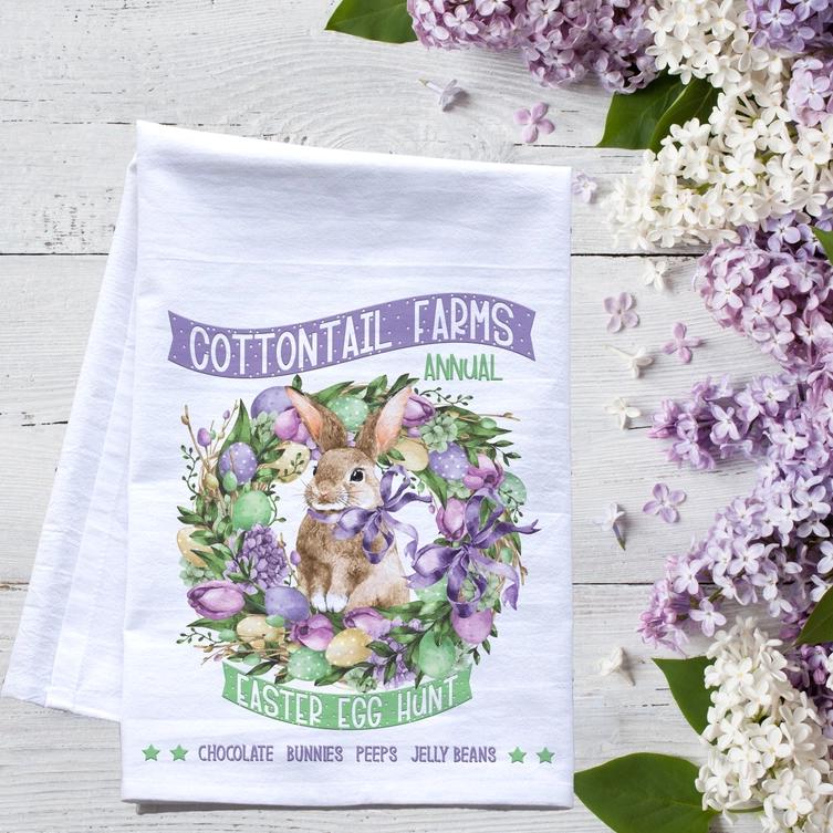 a tea towel with a picture of a bunny on it