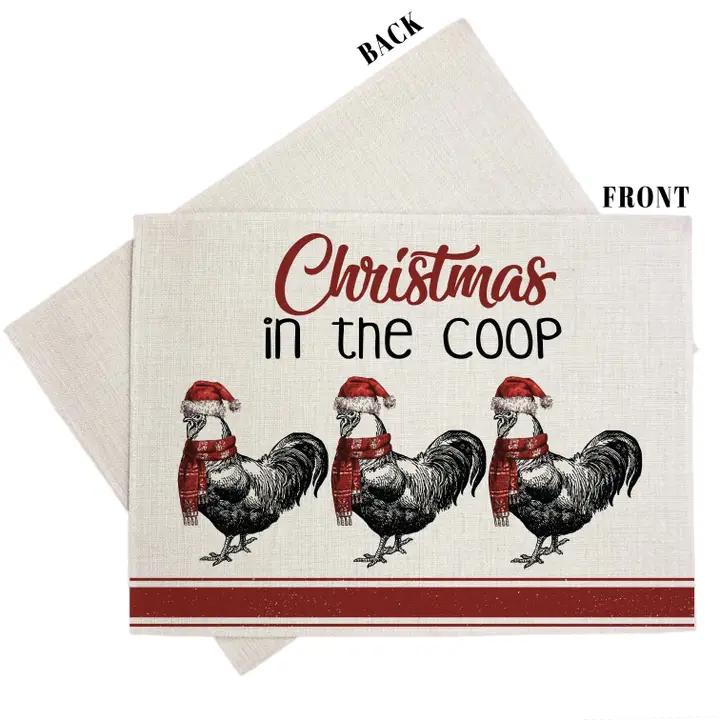 three christmas napkins with roosters on them