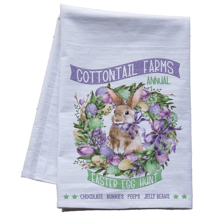 a white tea towel with a bunny on it