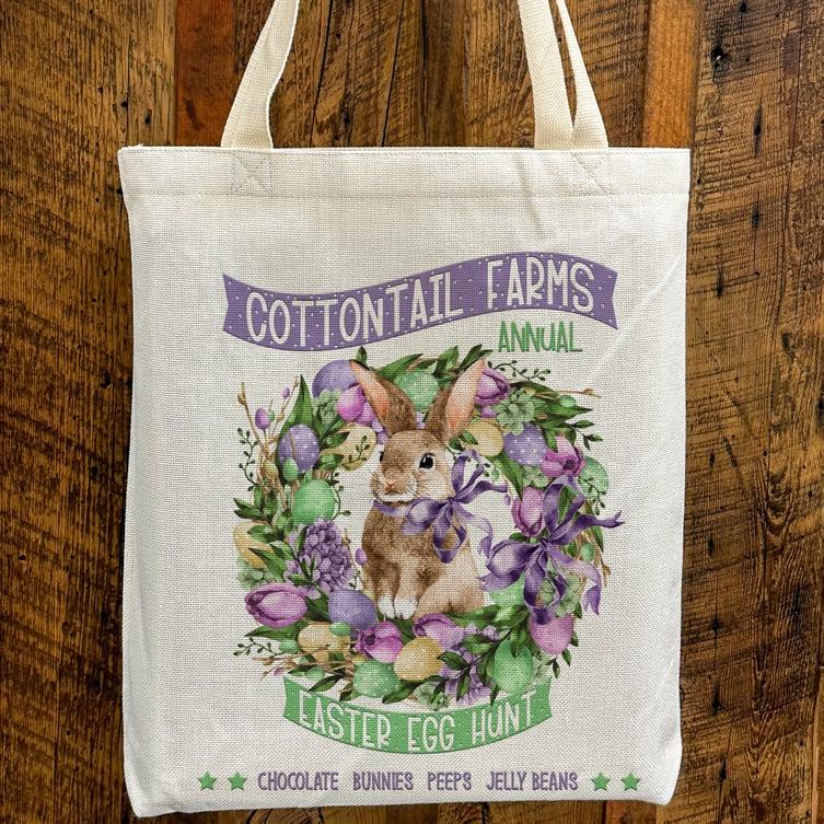 a tote bag with a picture of a bunny on it