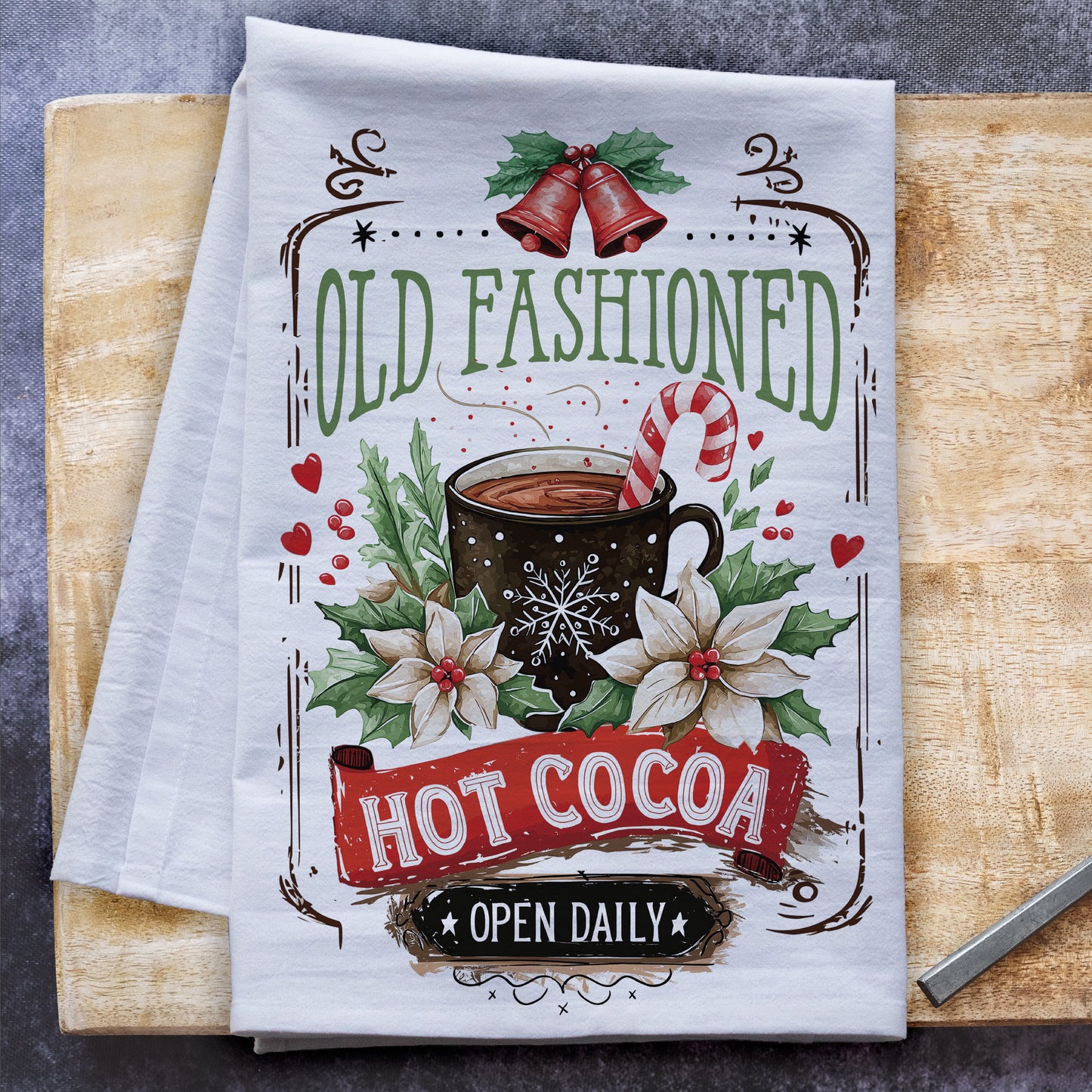 Old Fashioned Hot Cocoa Tea Towel – Waffle Weave or Flour Sack Cotton