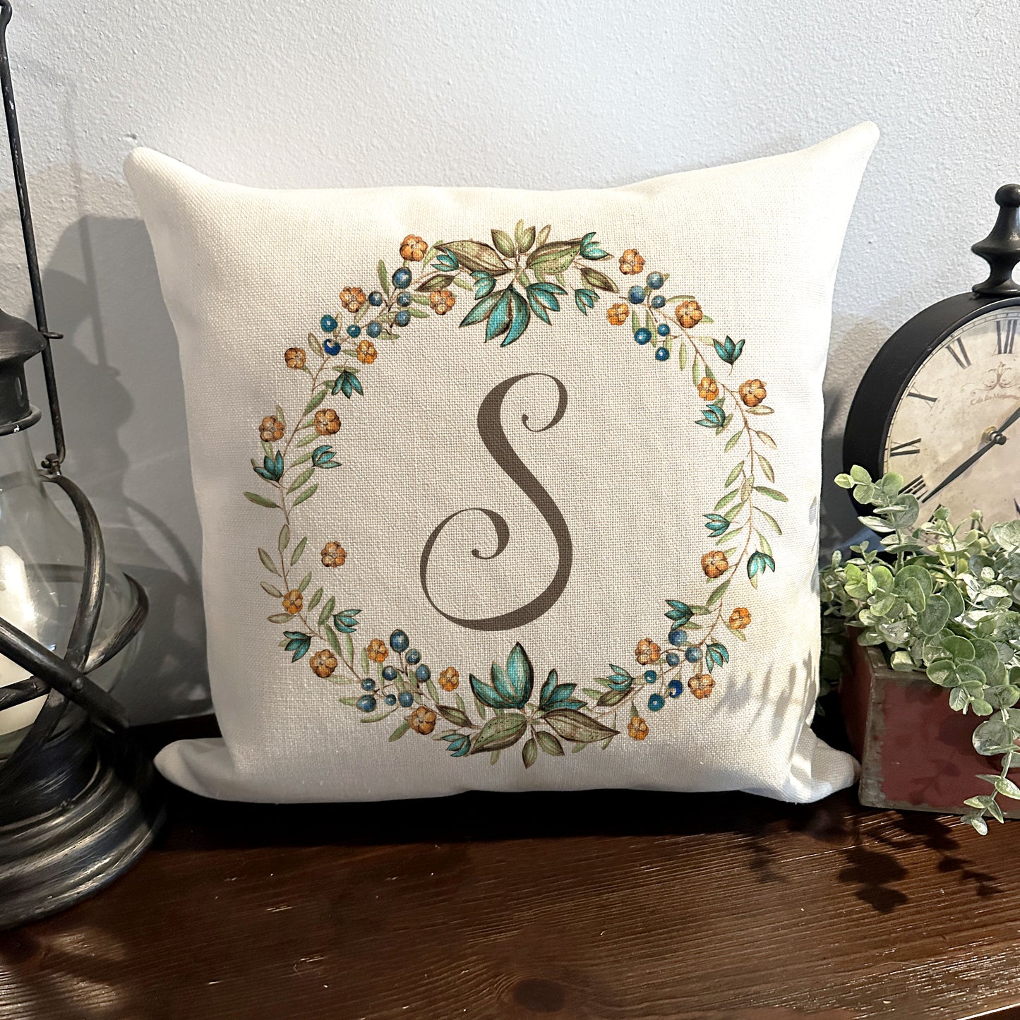 Personalized Rustic Wreath Monogram Throw Pillow