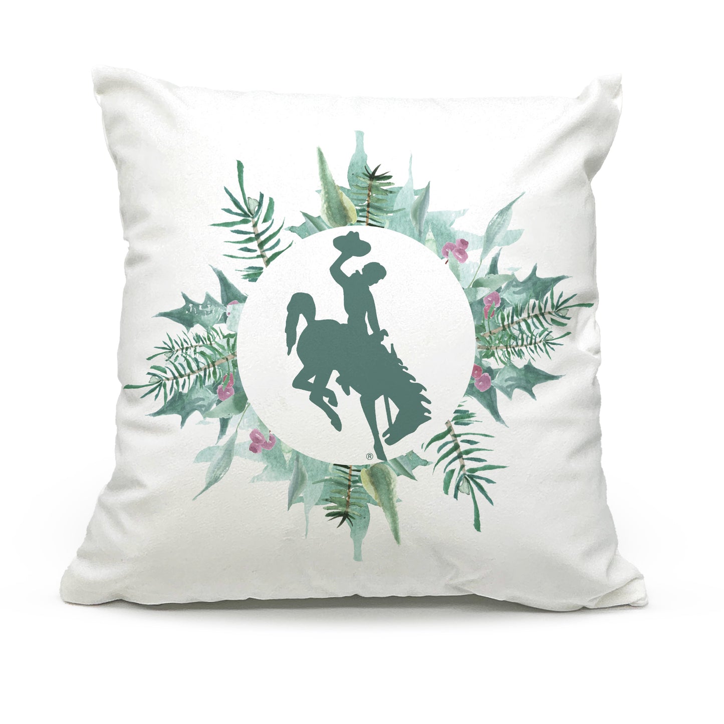 Sugar Plum Bucking Horse throw pillow with Wyoming bucking horse silhouette framed by watercolor greenery and plum florals, on white background