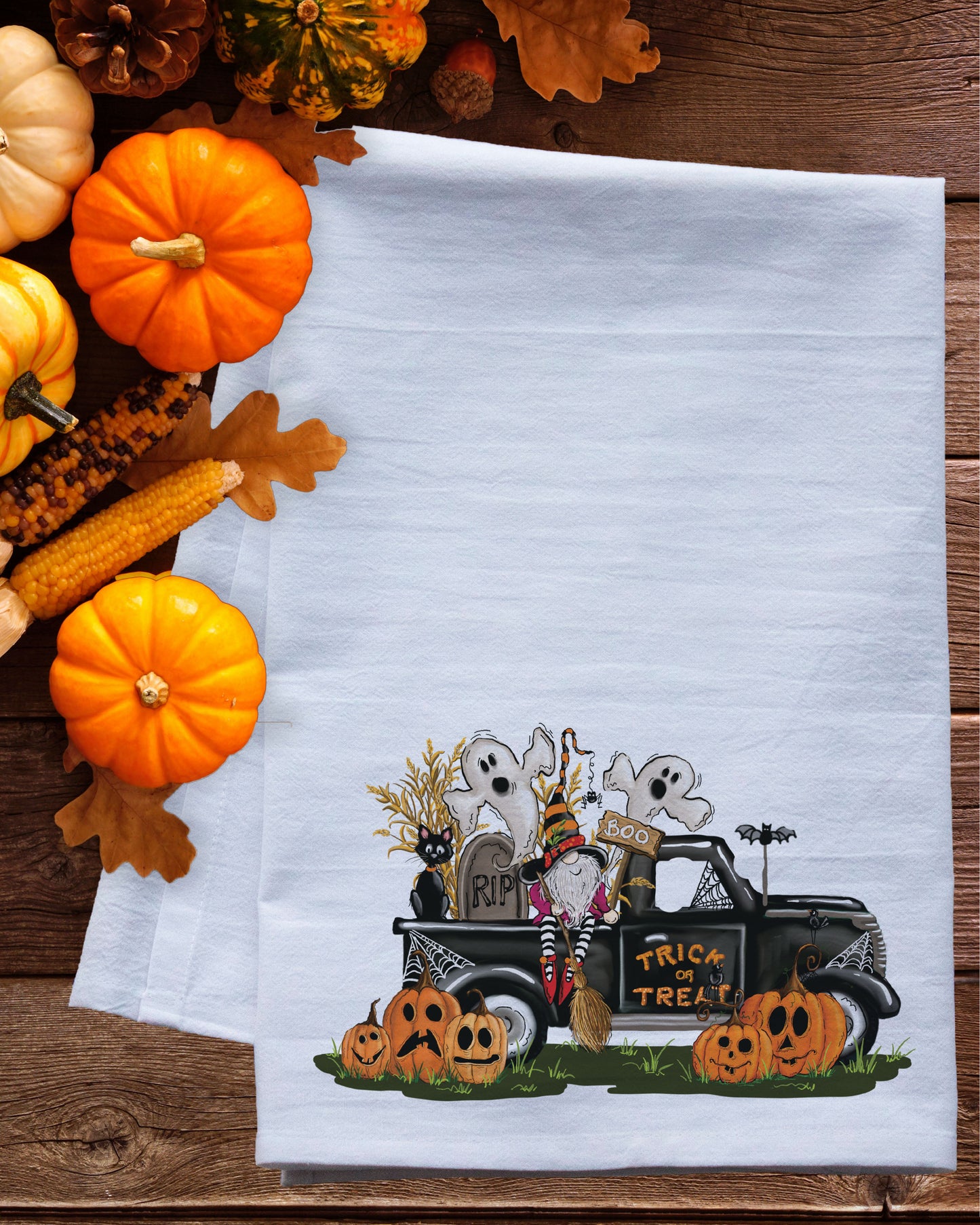 Trick or Treat Gnome Truck Tea Towel