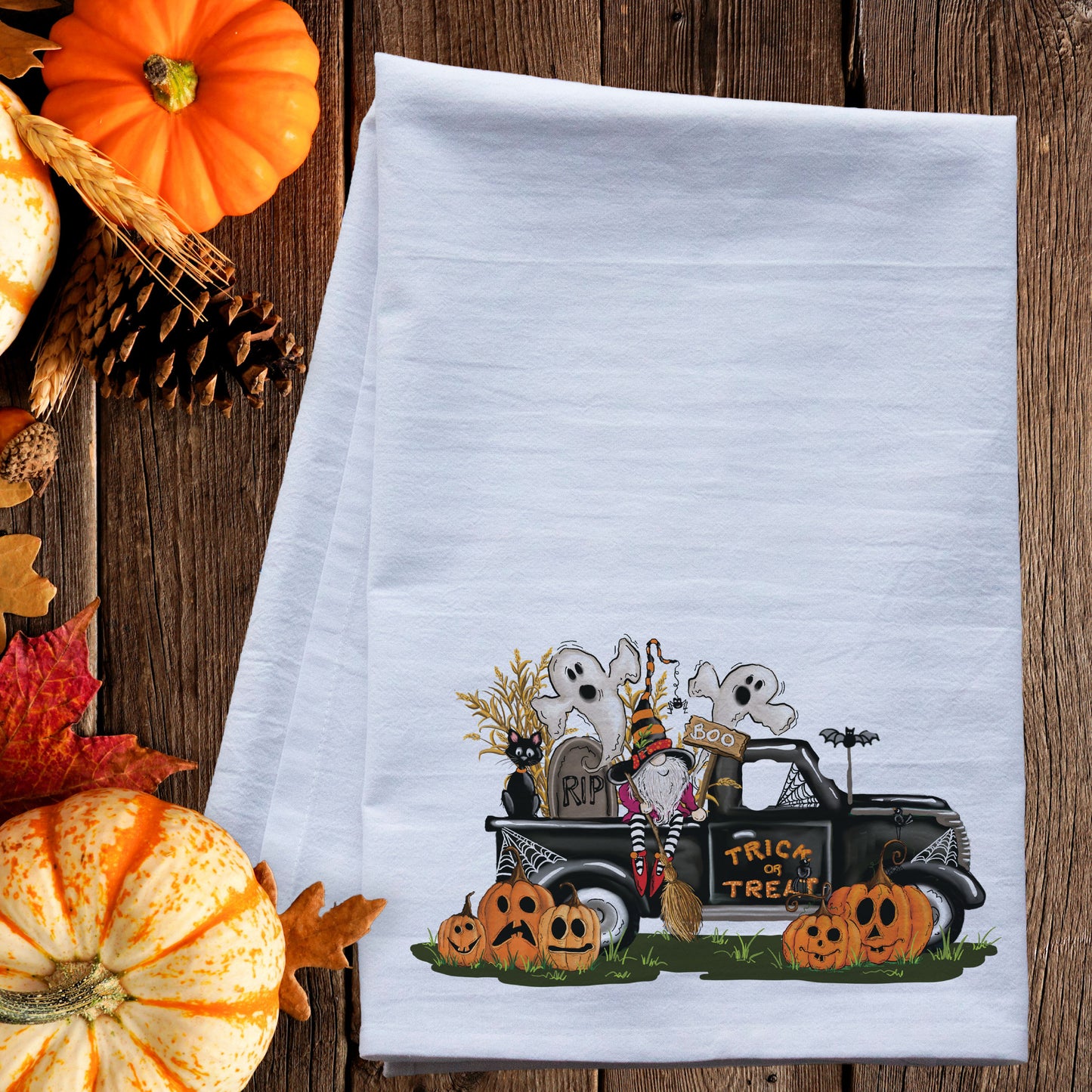 Trick or Treat Gnome Truck Tea Towel