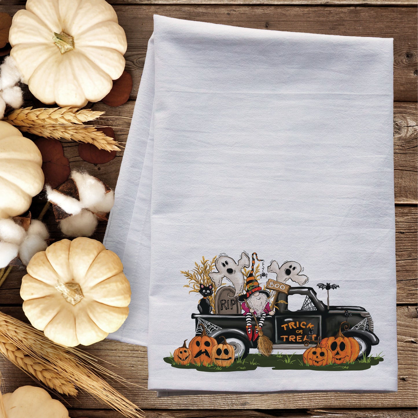 Trick or Treat Gnome Truck Tea Towel