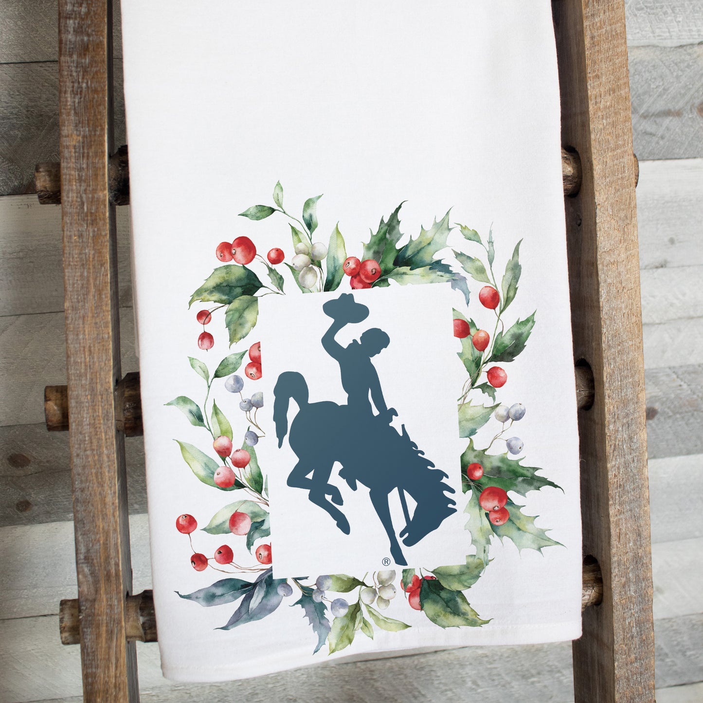 Wyoming bucking horse holiday towel, Christmas holly kitchen towel, western Christmas décor, rustic Wyoming holiday gift, cowboy Christmas tea towel, flour sack cotton towel, festive holiday dish towel