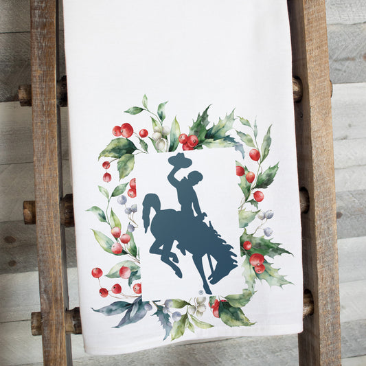 Wyoming bucking horse holiday towel, Christmas holly kitchen towel, western Christmas décor, rustic Wyoming holiday gift, cowboy Christmas tea towel, flour sack cotton towel, festive holiday dish towel