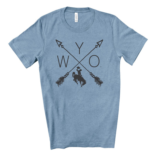 WYO tee - Wyoming bucking horse t-shirt heather slate blue