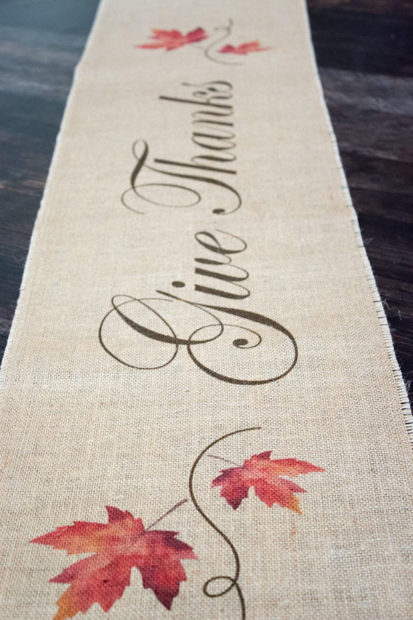 Give Thanks Maple Leaves - Thanksgiving harvest themed burlap table runner for autumn or fall home decor