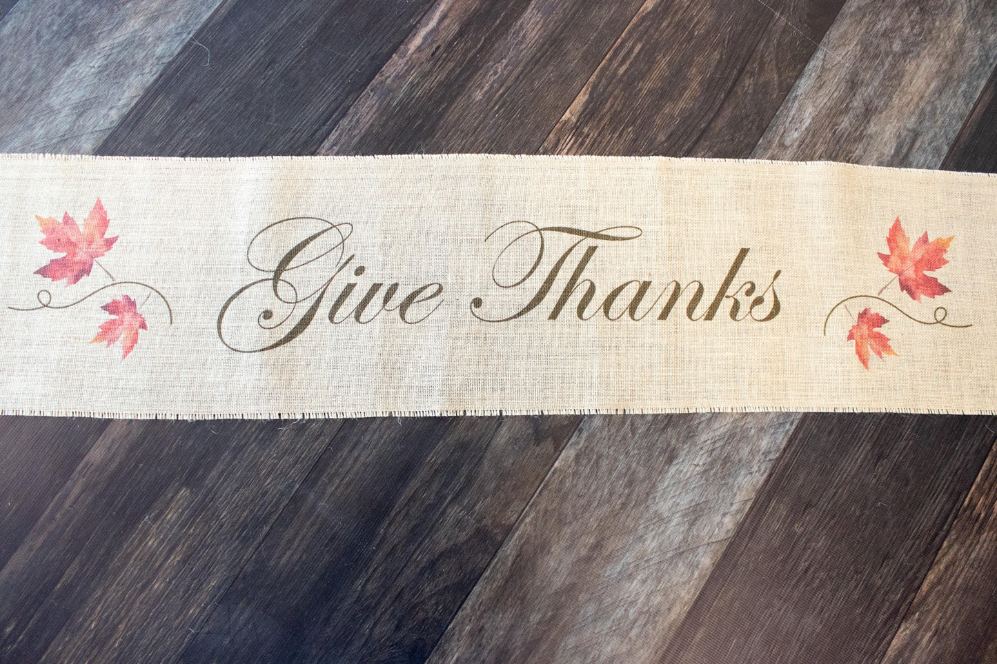 Give Thanks Maple Leaves - Thanksgiving harvest themed burlap table runner for autumn or fall home decor