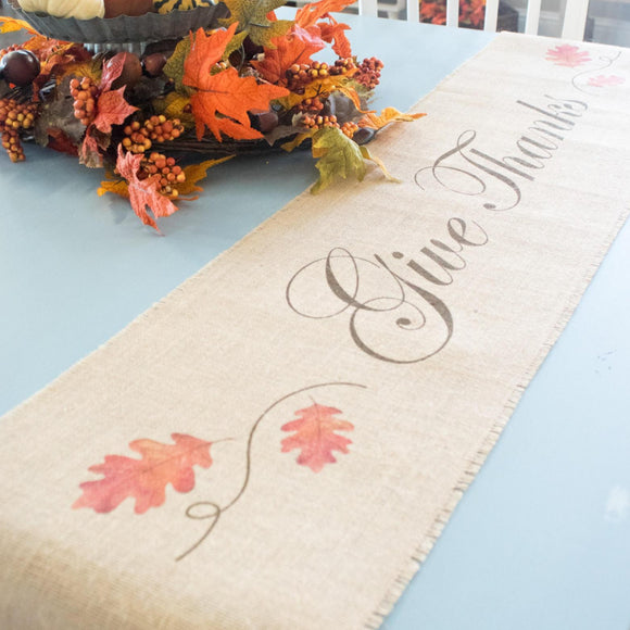 Give Thanks Oak Leaves - Thanksgiving harvest themed burlap table runner for autumn or fall home decor