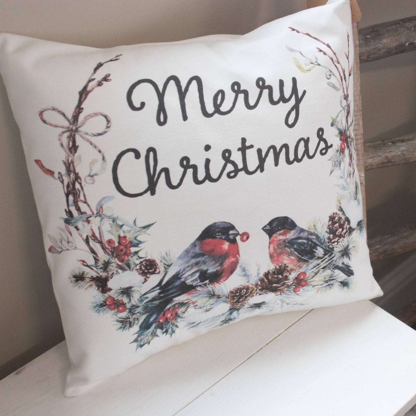 Merry Christmas Wreath throw pillow - Holiday bullfinch bird and feather rustic farmhouse style gift