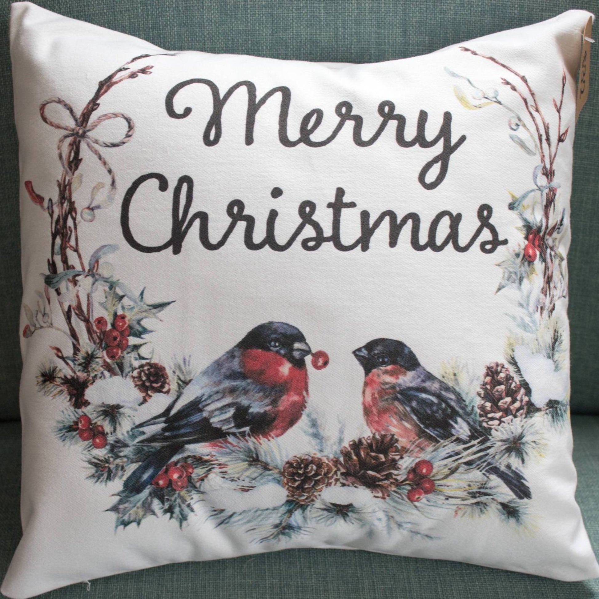 Merry Christmas Wreath throw pillow - Holiday bullfinch bird and feather rustic farmhouse style gift