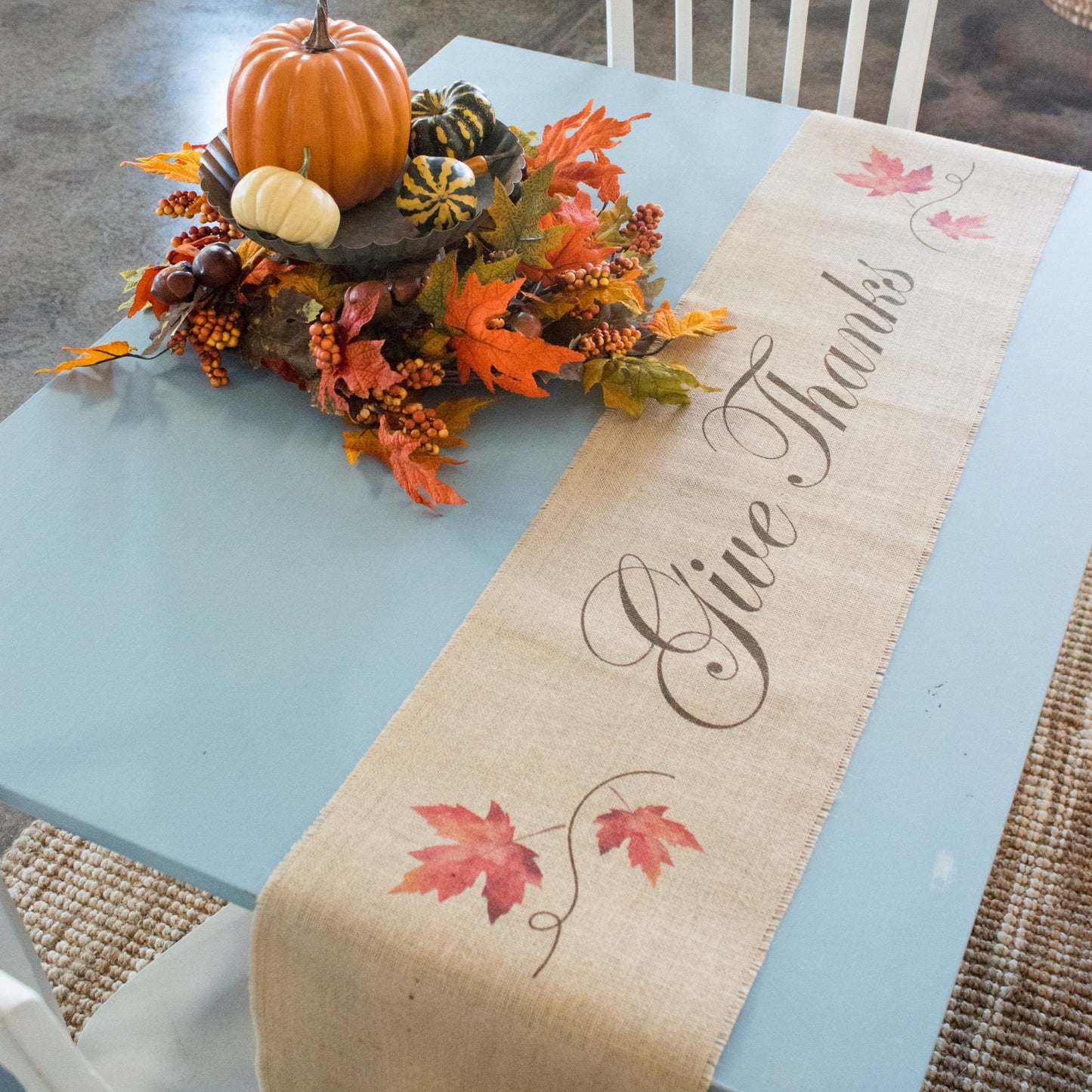 Give Thanks Maple Leaves - Thanksgiving harvest themed burlap table runner for autumn or fall home decor