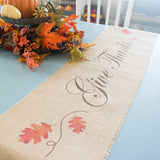 Give Thanks Oak Leaves - Thanksgiving harvest themed burlap table runner for autumn or fall home decor