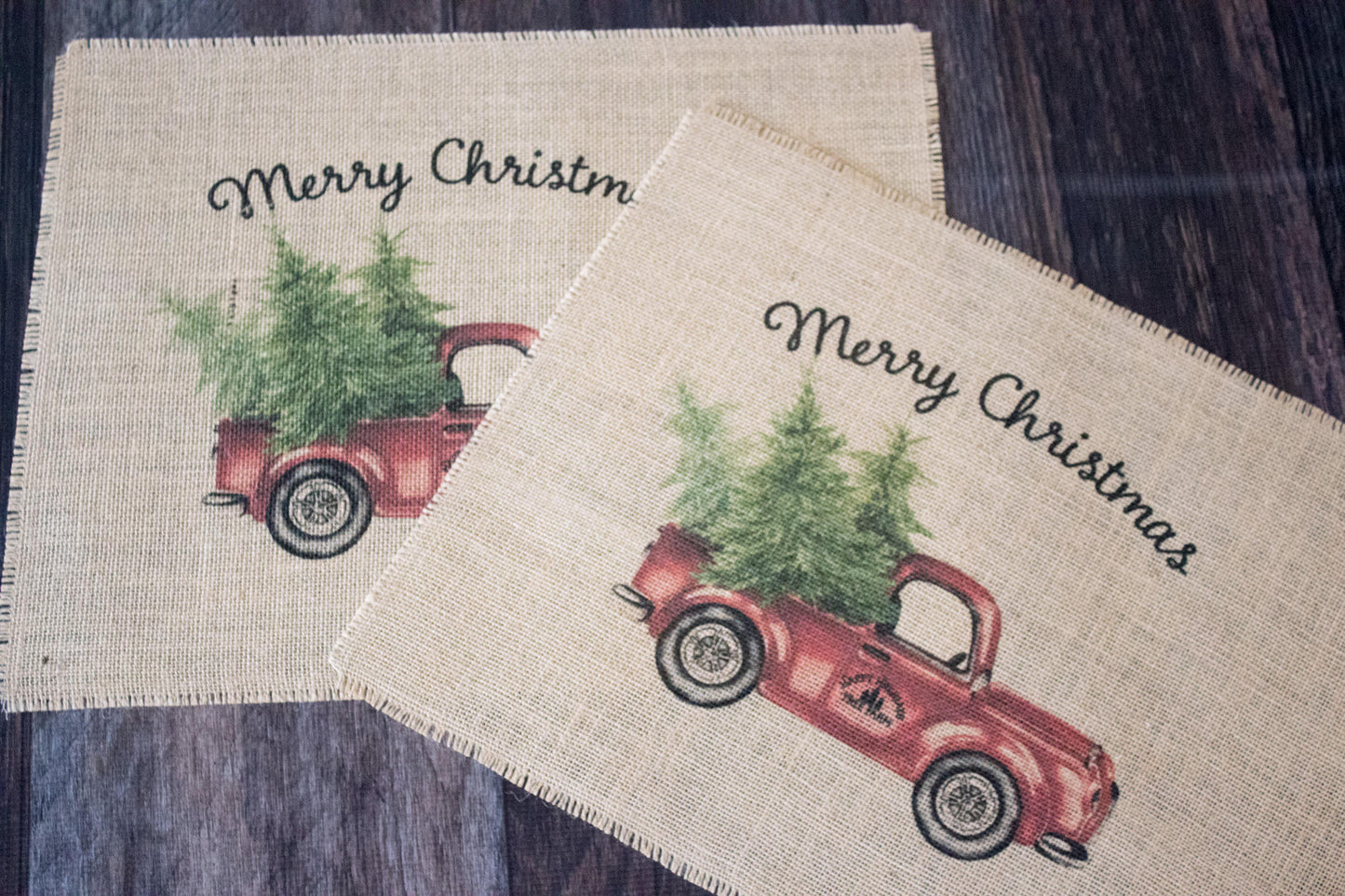 Vintage truck set of two burlap placemats