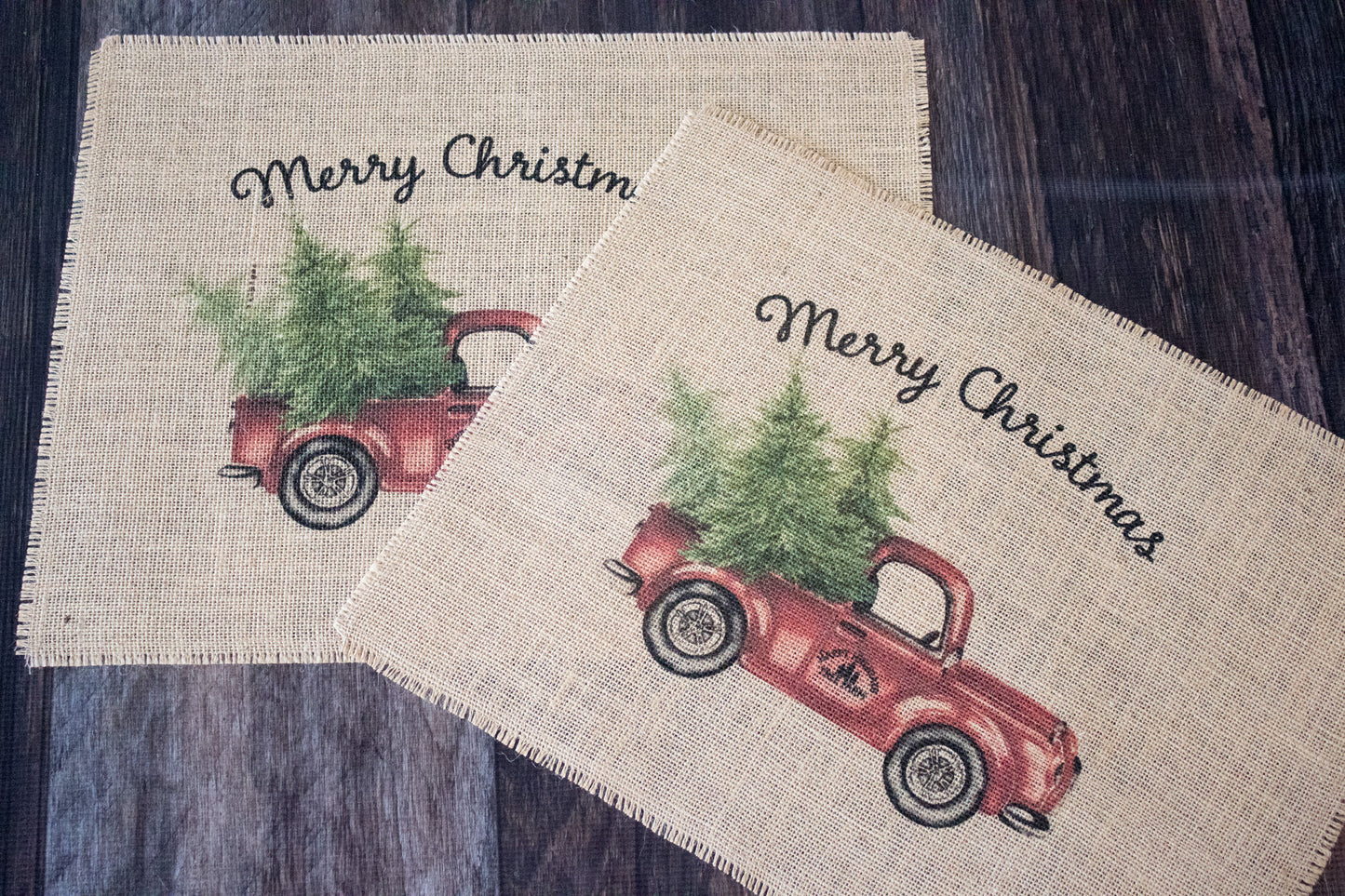 Vintage truck set of two burlap placemats