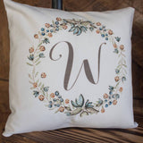 Rustic wreath Monogram pillow on soft white velour - beautiful wedding, or housewarming gift