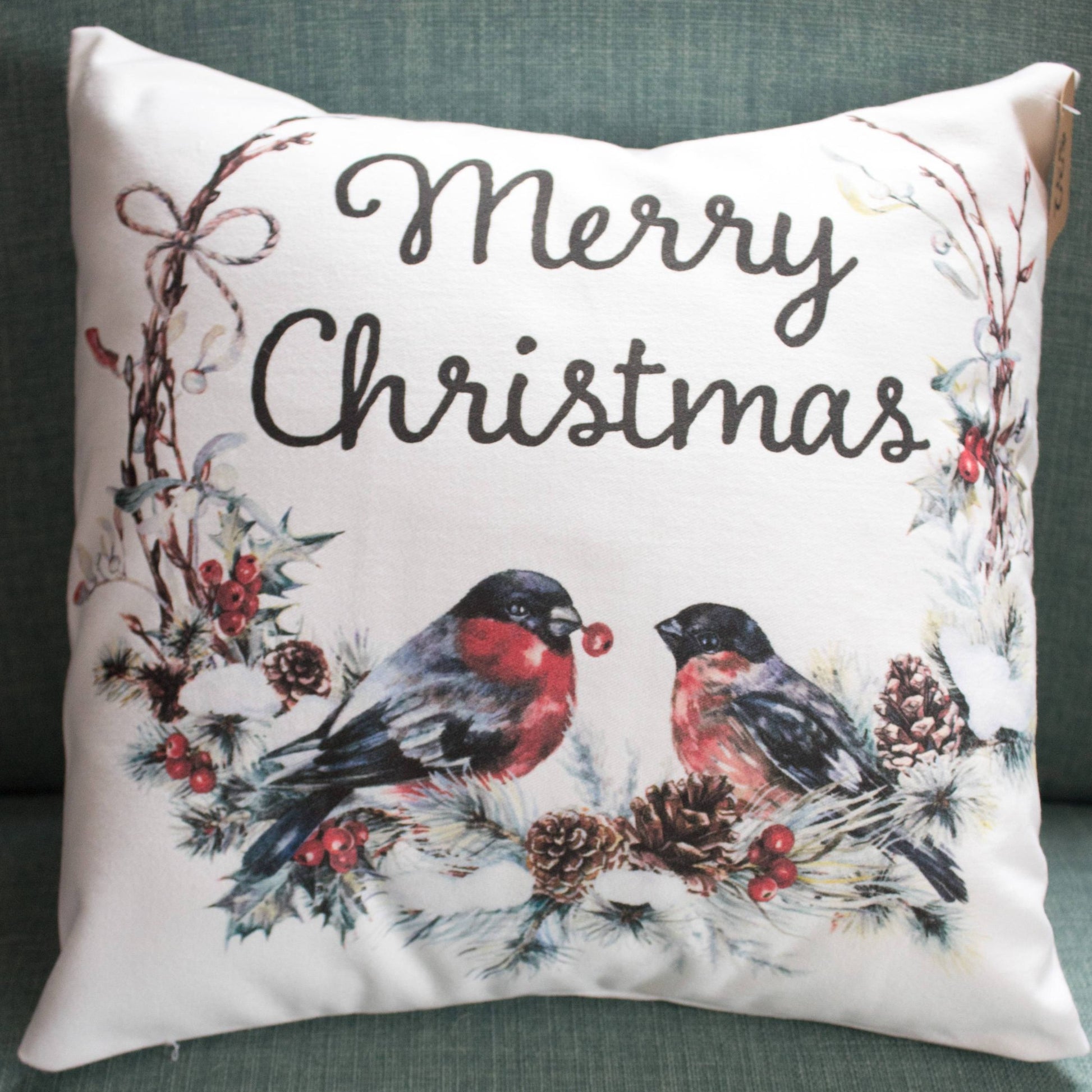 Merry Christmas Wreath throw pillow - Holiday bullfinch bird and feather rustic farmhouse style gift