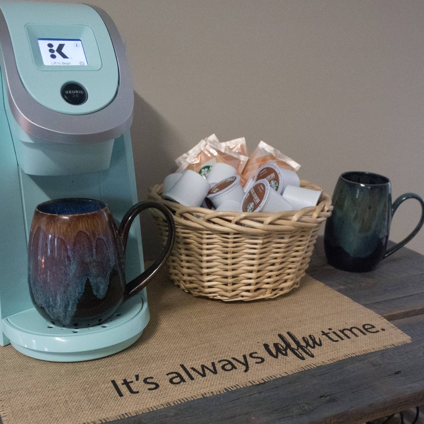 It's always coffee time placemat - burlap mat for your keurig coffee maker; a perfect gift for the coffee lover