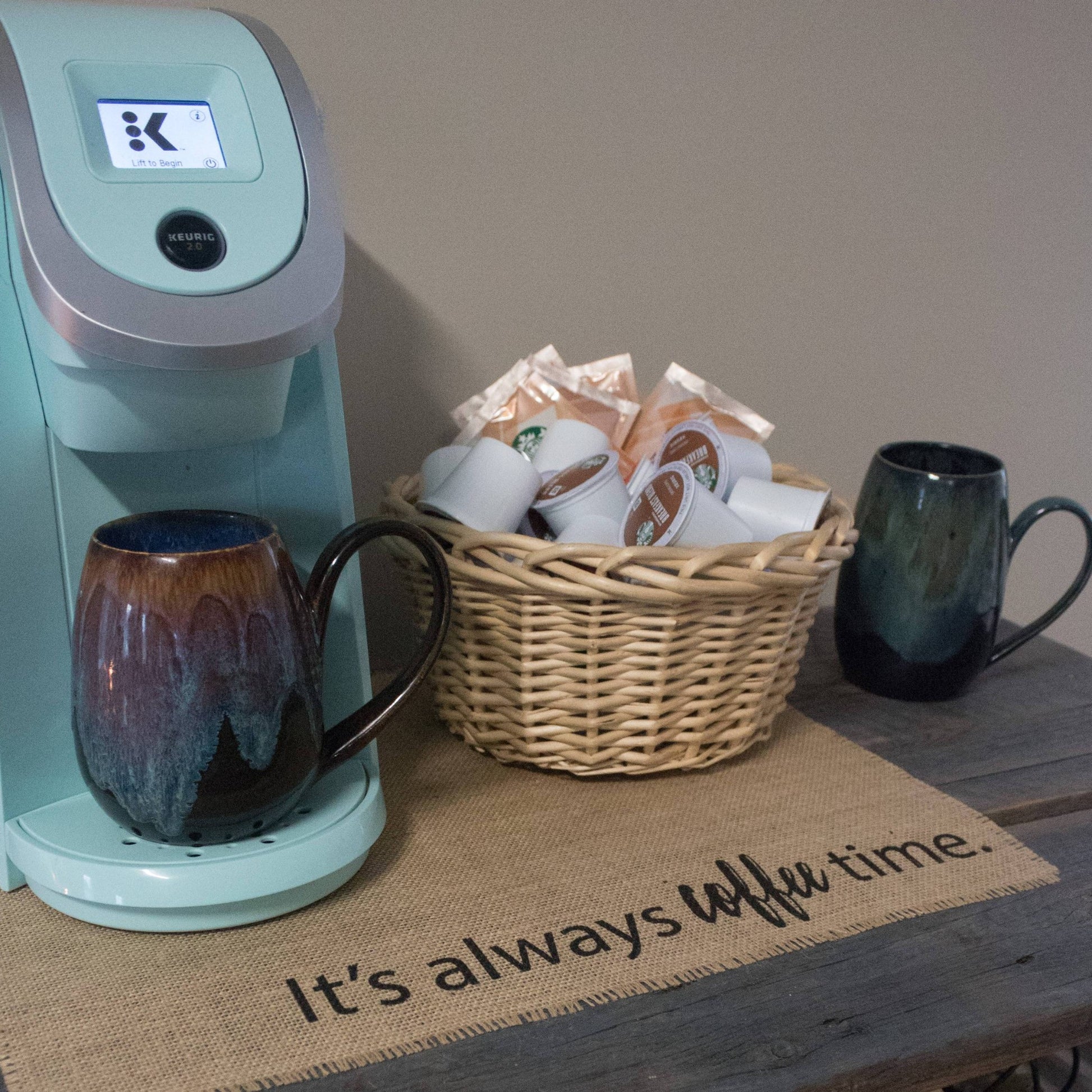 It's always coffee time placemat - burlap mat for your keurig coffee maker; a perfect gift for the coffee lover