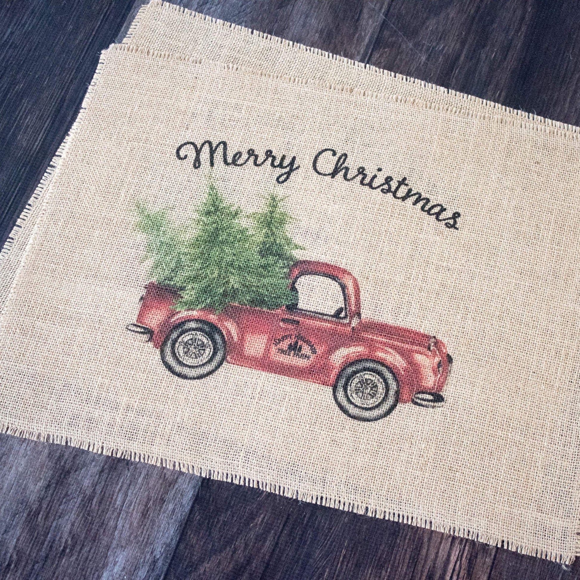 Vintage truck set of two burlap placemats