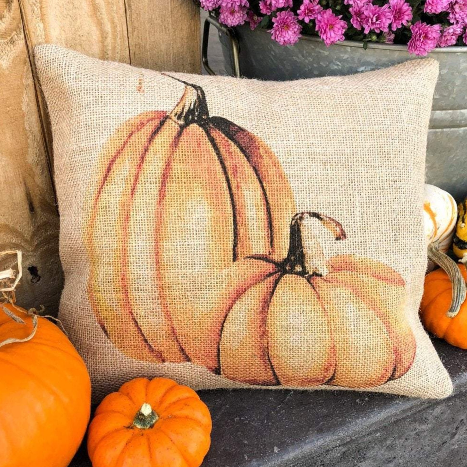 Pumpkin Spice on burlap throw pillow Autumn home decor