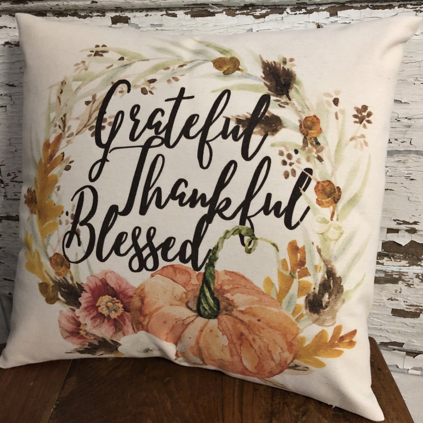 Grateful Thankful Blessed throw pillow - soft off white twill throw pillow WITH insert