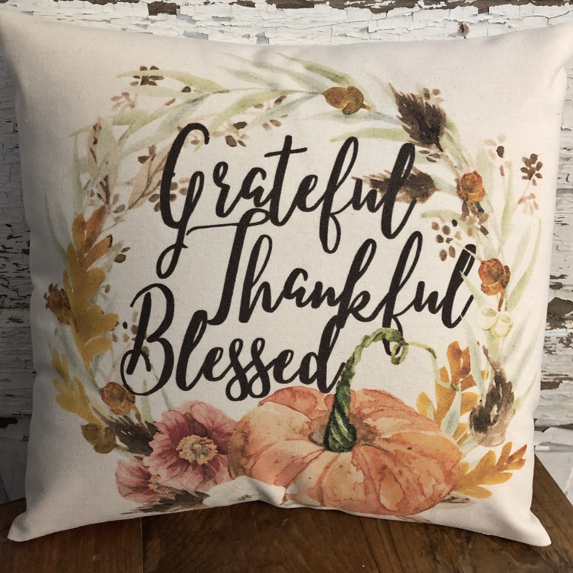 Grateful Thankful Blessed throw pillow - soft off white twill throw pillow WITH insert