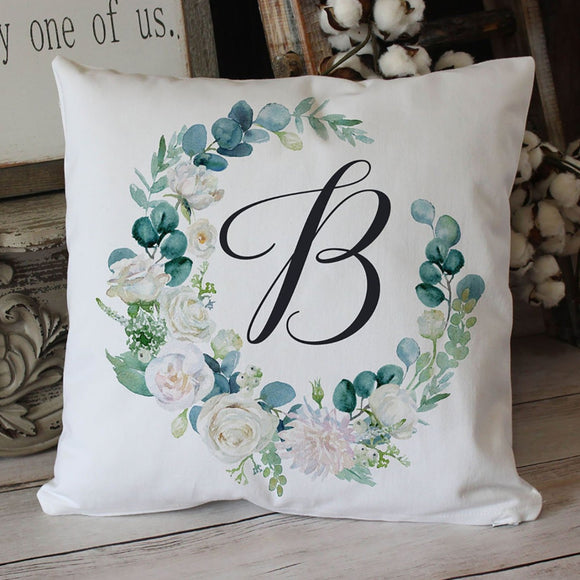 Eucalyptus wreath Monogram pillow on soft white twill - elegant wedding, or housewarming gift