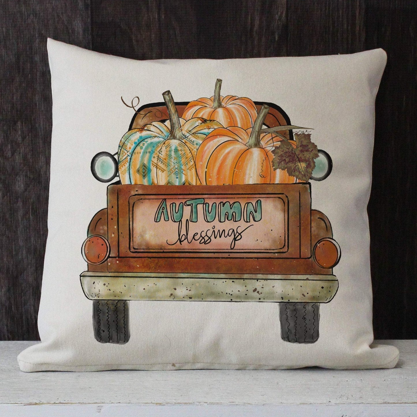 Autumn Blessings vintage truck twill throw pillow