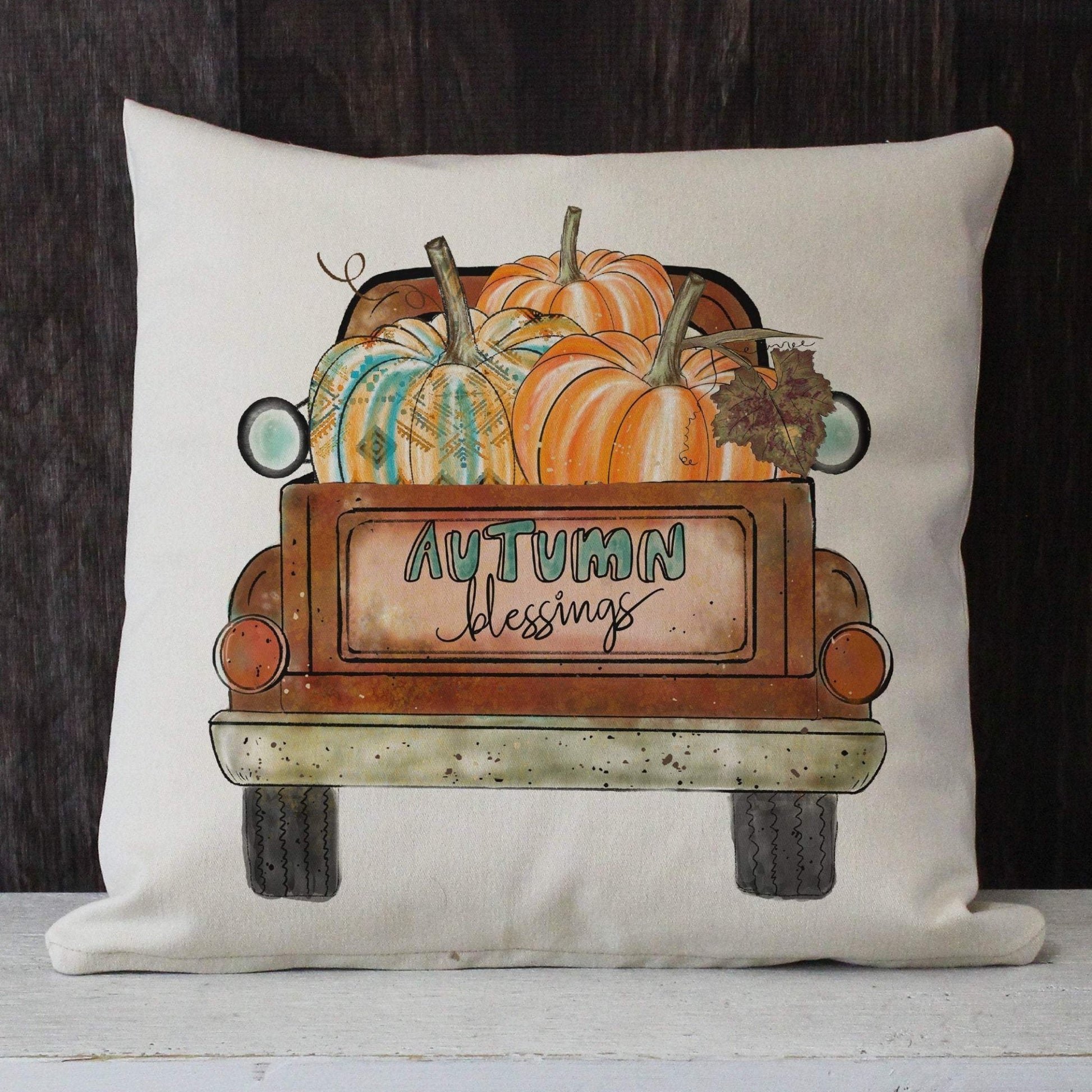 Autumn Blessings vintage truck twill throw pillow