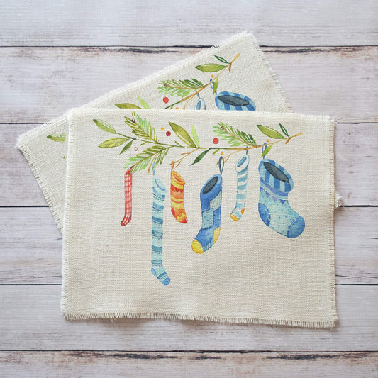 Patchwork Christmas Stockings on Cream Burlap Placemats