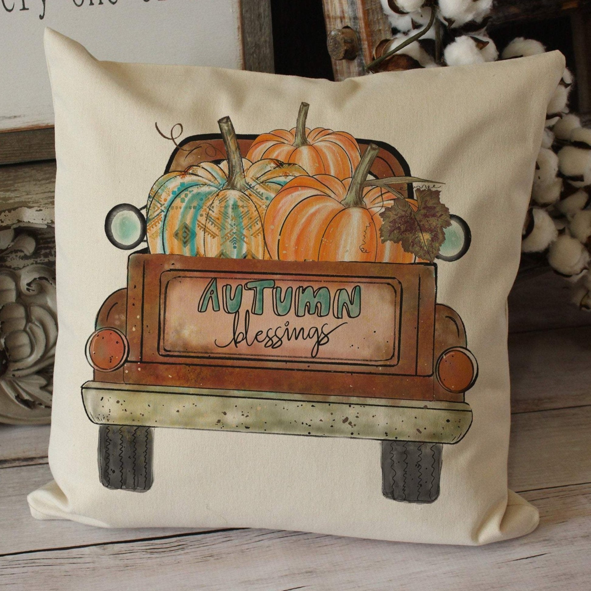 Autumn Blessings vintage truck twill throw pillow