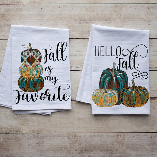 Fall is my Favorite and Hello Fall - Aztec Harvest Pumpkins - Set of Two premium tea towels