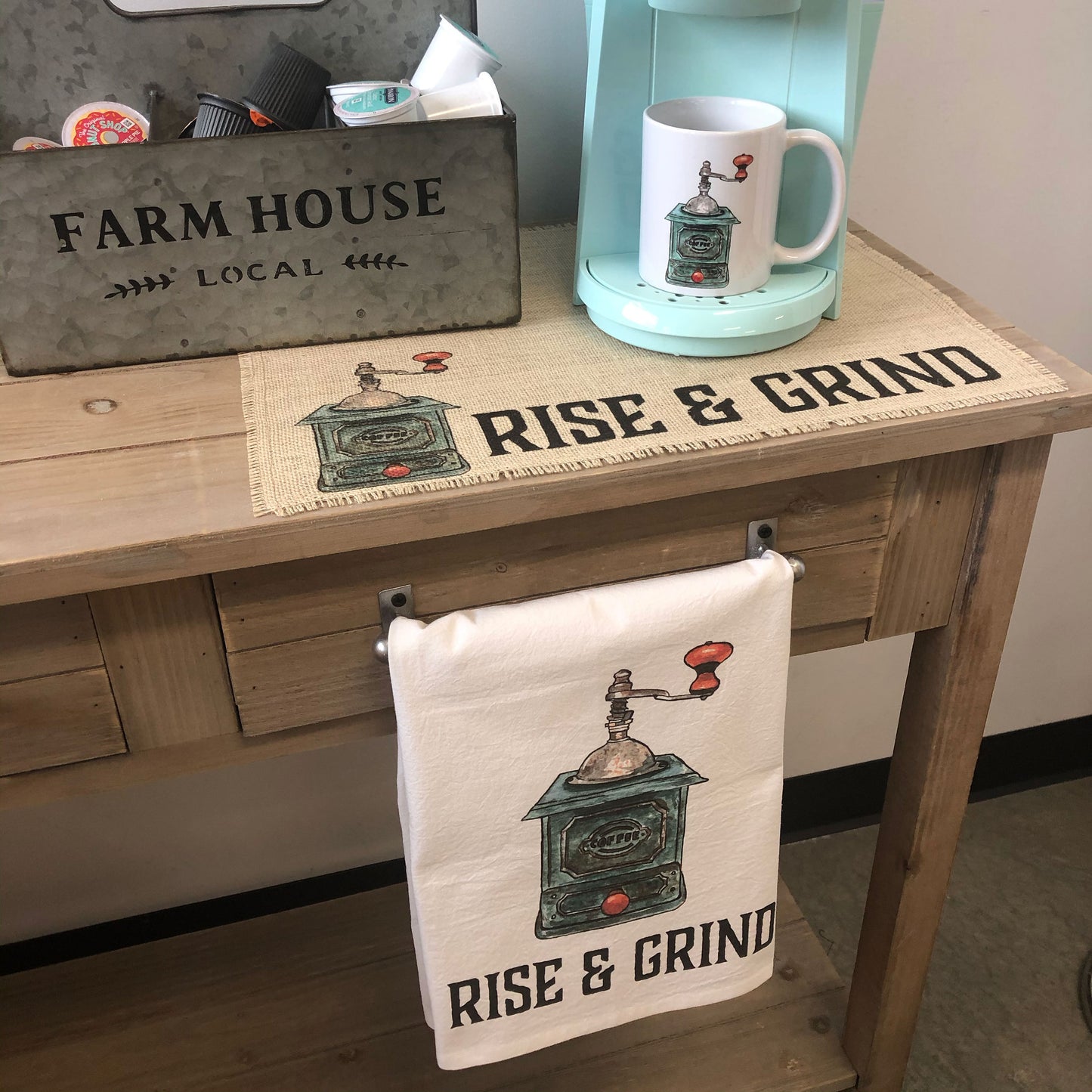 Rise and Grind Burlap Coffee Mat