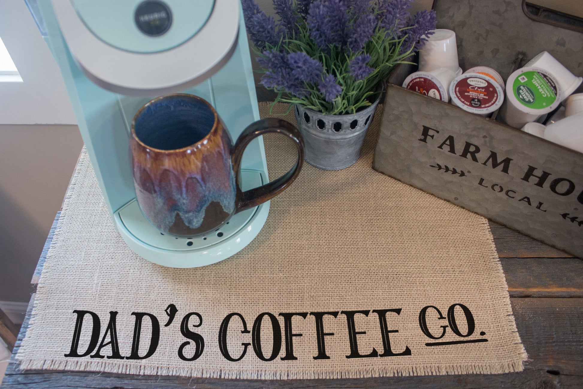 Dad's Coffee Co - Burlap Coffee Maker Placemat, Coffee Bar Accessories, Coffee Maker Mat, Father's Day Gift for Dad, Coffee Mat