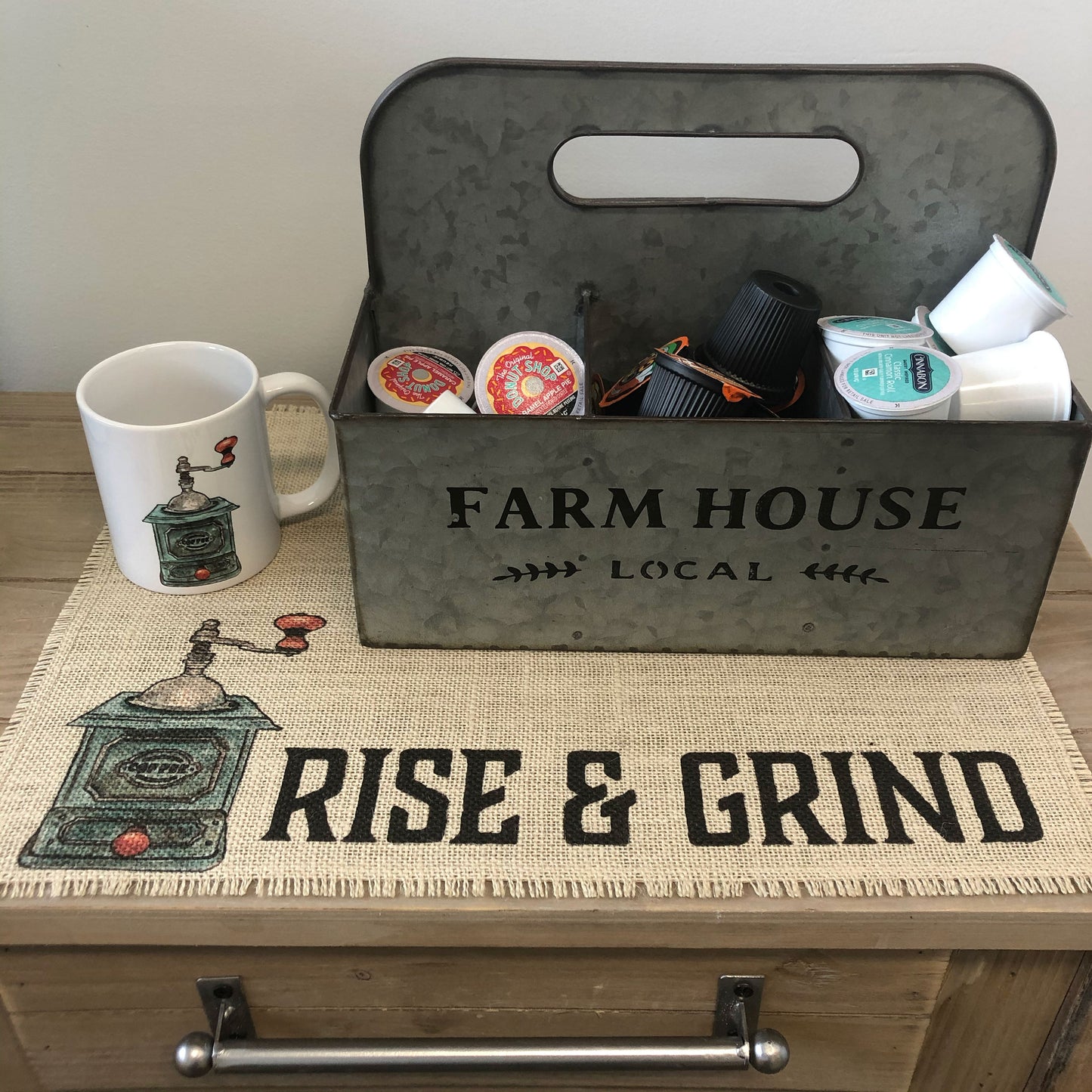 Rise and Grind Burlap Coffee Mat