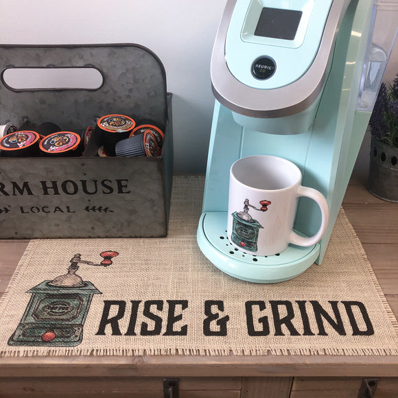 Rise and Grind, Burlap Coffee Mat, Coffee Lover Gift, Keurig Coffee Mat, Farmhouse Kitchen Decor, Farmhouse Coffee Mat, Coffee Bar
